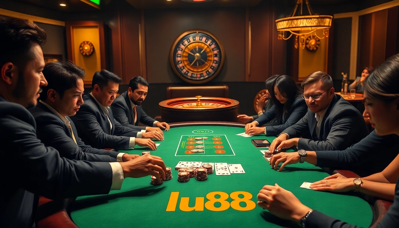 Intense poker action at the lu88 casino, showcasing high-stakes gameplay and elegant atmosphere.