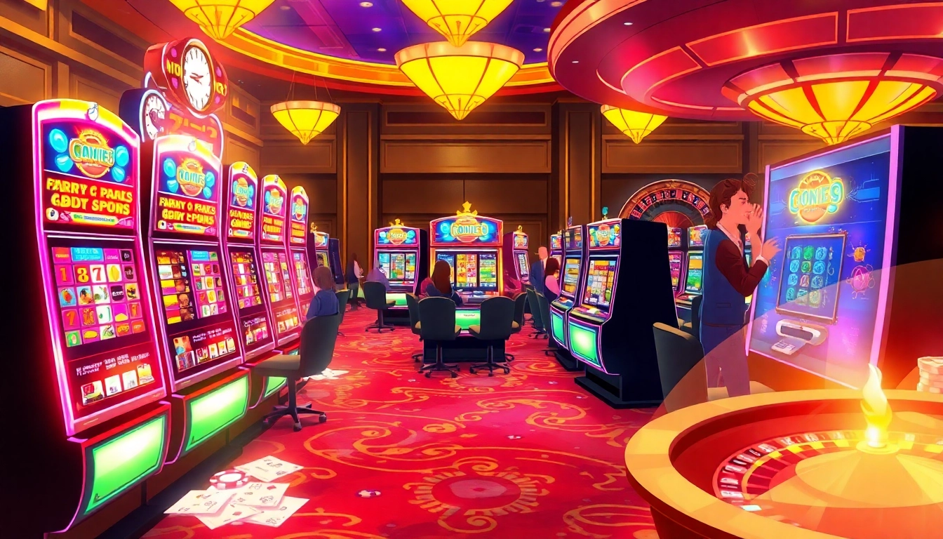 Players spinning slot machines in a luxurious casino setting with vibrant lights and excitement.
