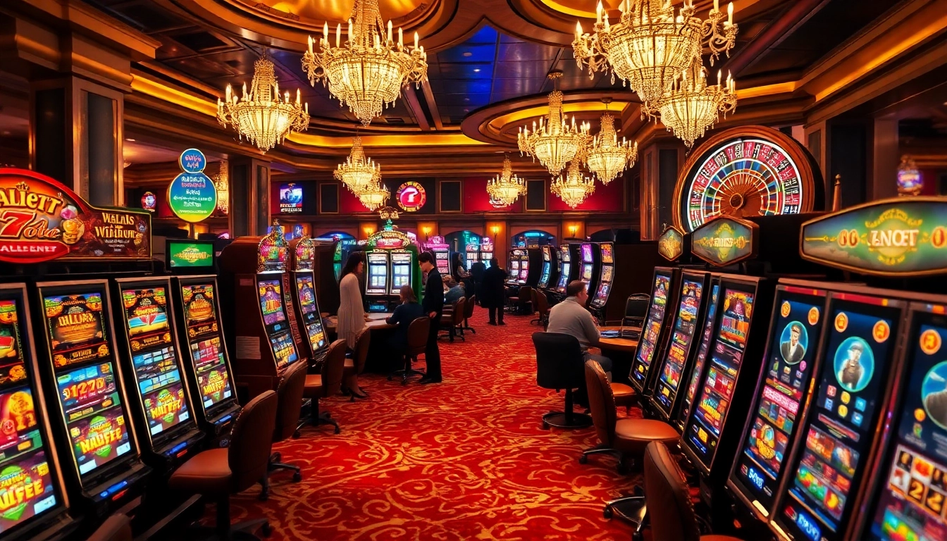 Players enjoying various slot machines in a luxurious casino atmosphere.