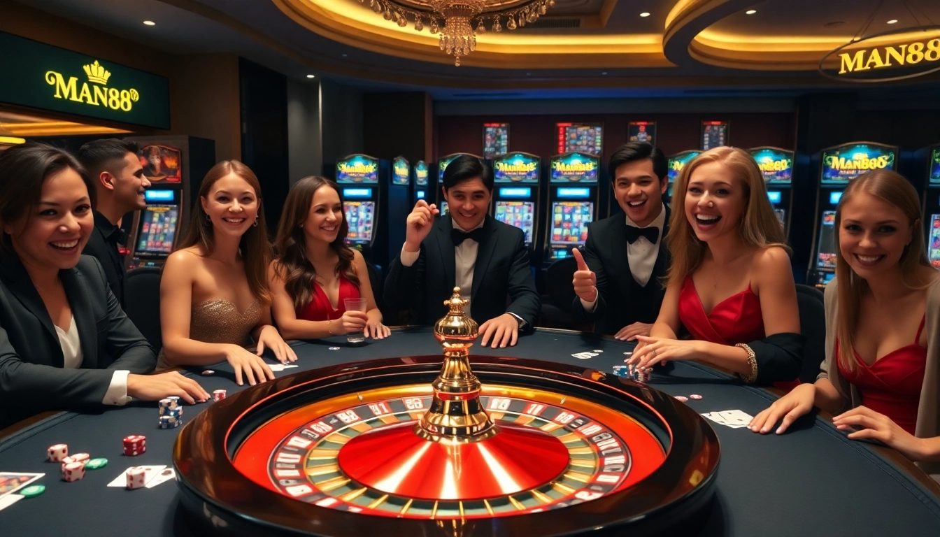 Experience the thrill of betting at Man88's luxurious casino table, surrounded by excitement and gaming action.