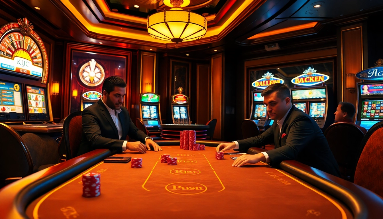 KJC poker game scene with players focusing on stacks of chips and roulette wheel.