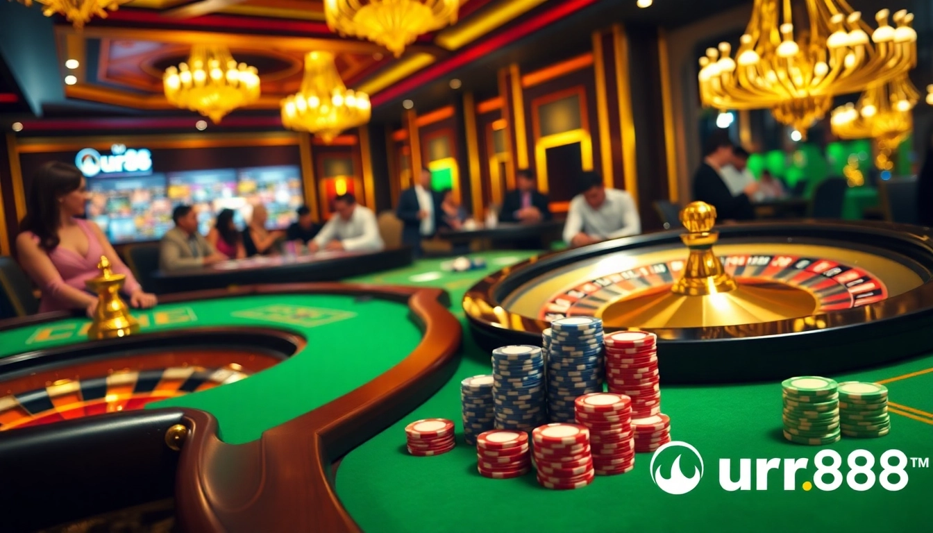 Players enjoying a thrilling casino experience at https://urr88.com/ with poker chips and a roulette wheel.