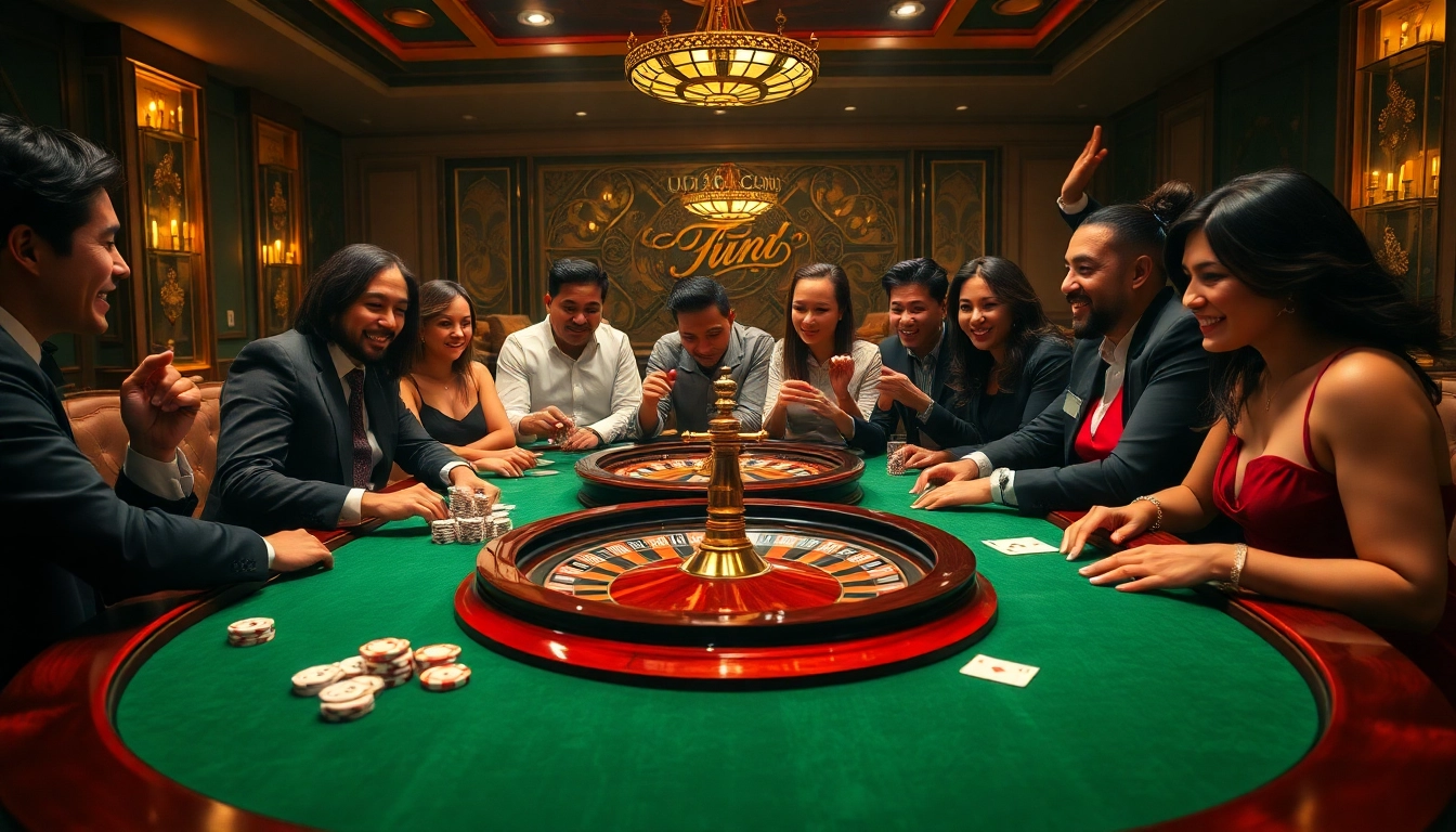 Players enjoying a lively game at a luck8 casino table filled with chips and cards.