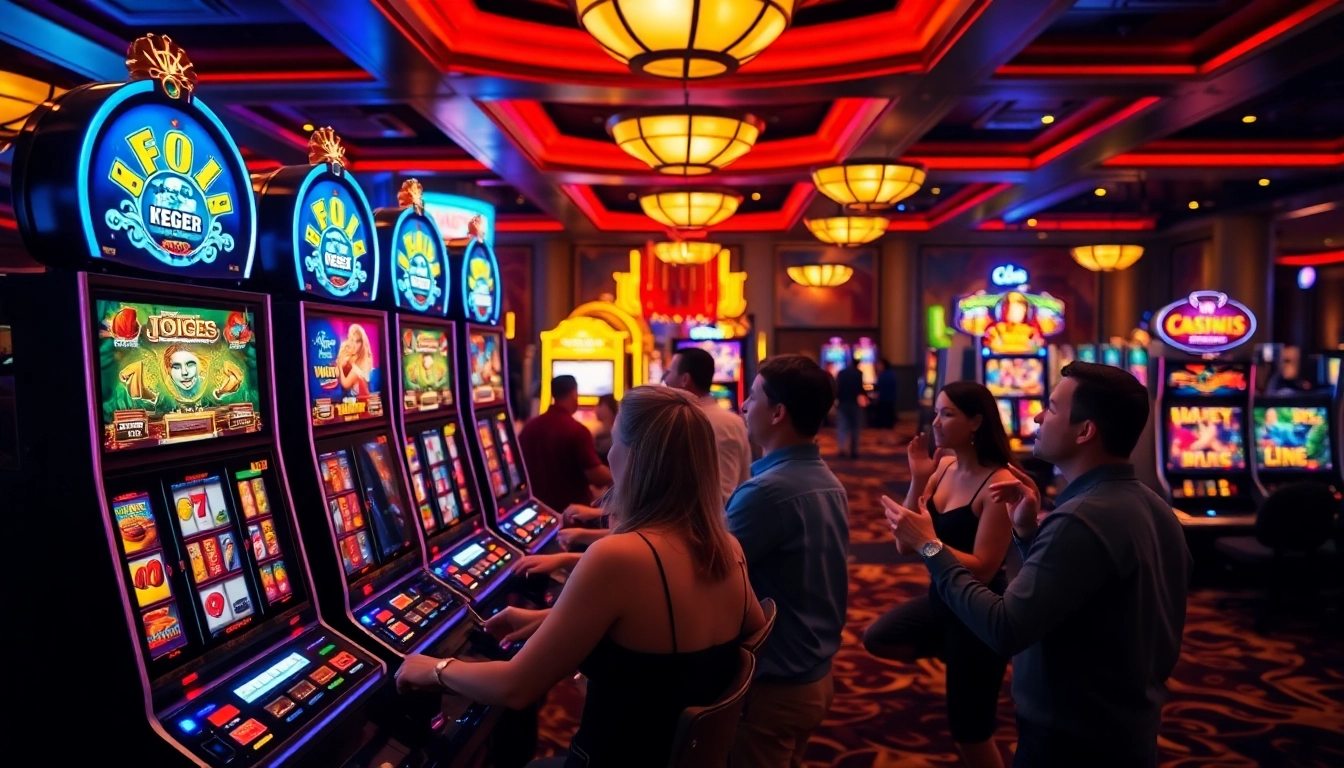 Players celebrating wins at a vibrant slot machine in a luxurious casino environment.