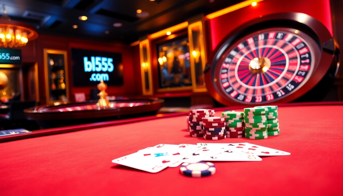 Engaging scene of online gambling at bl555 com featuring a vibrant poker table and roulette wheel.