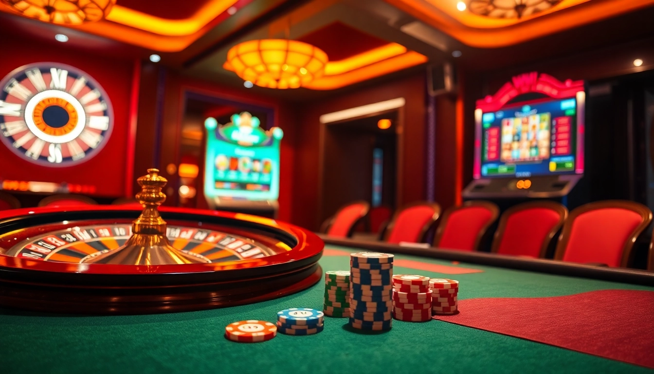 Experience thrilling gameplay at kkwin with vibrant casino visuals including poker tables and slot machines.