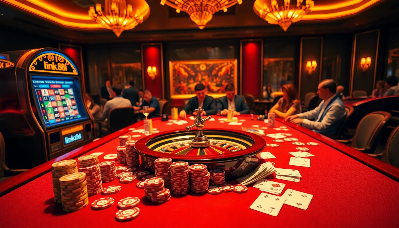 Engage with the excitement of link 88i in a vibrant casino scene showcasing poker play and roulette thrill.