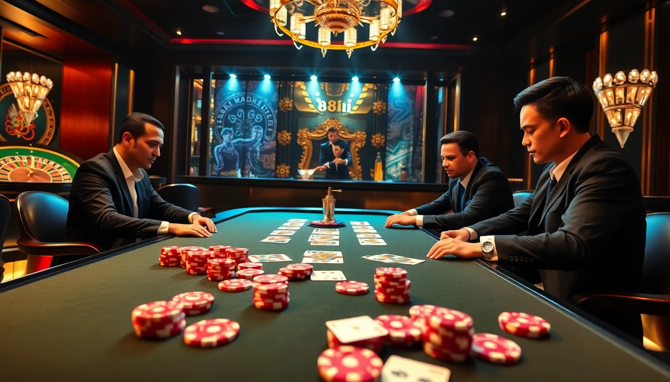 Players engaging in a high-stakes poker game at the glamorous 88i casino.