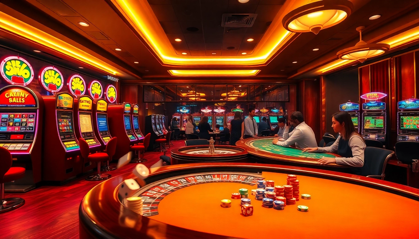 Experience thrilling casino gaming at https://nh88.net/ with vibrant slot machines and engaging players at poker tables.