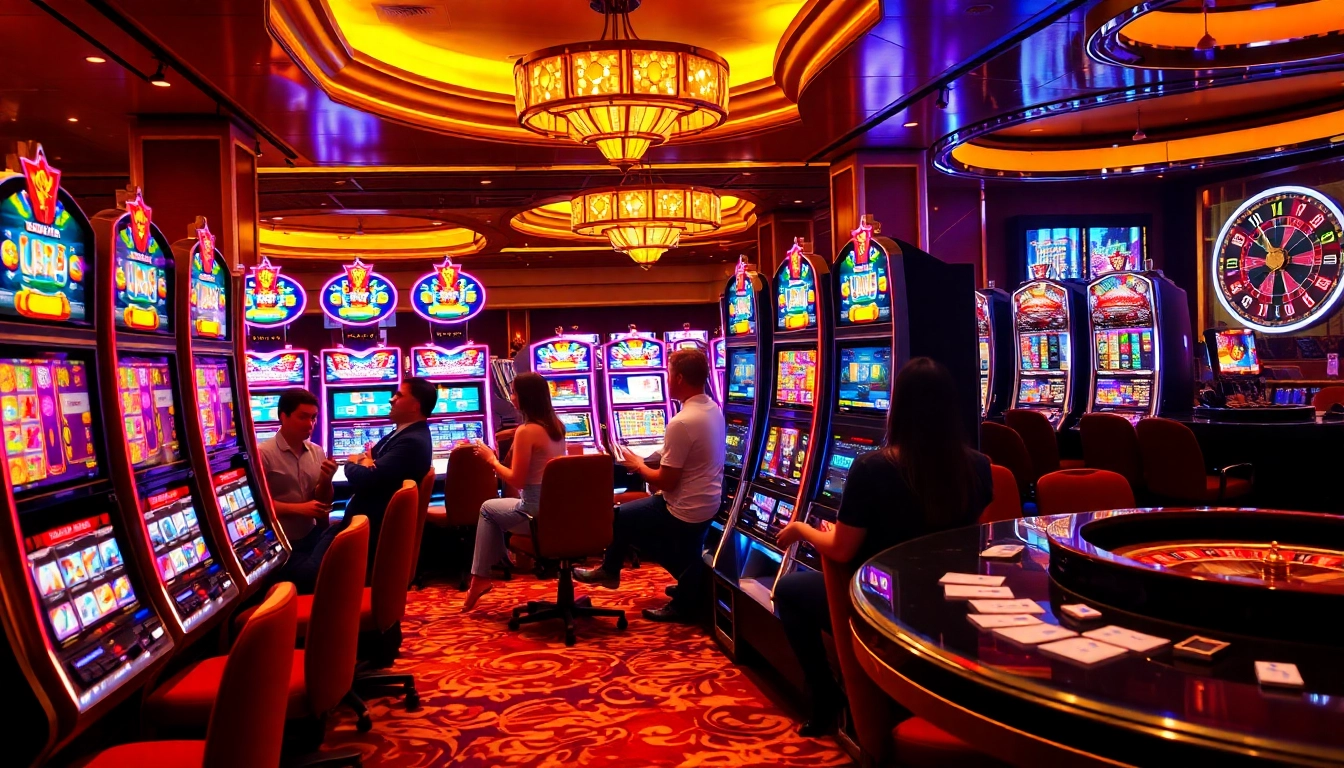 A captivating casino scene with slot machines showcasing vibrant colors and players eagerly engaging in their favorite slot games.