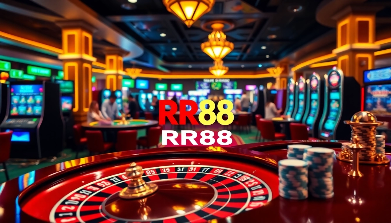 Experience thrilling action at RR88 casino with poker tables and vibrant slot machines.