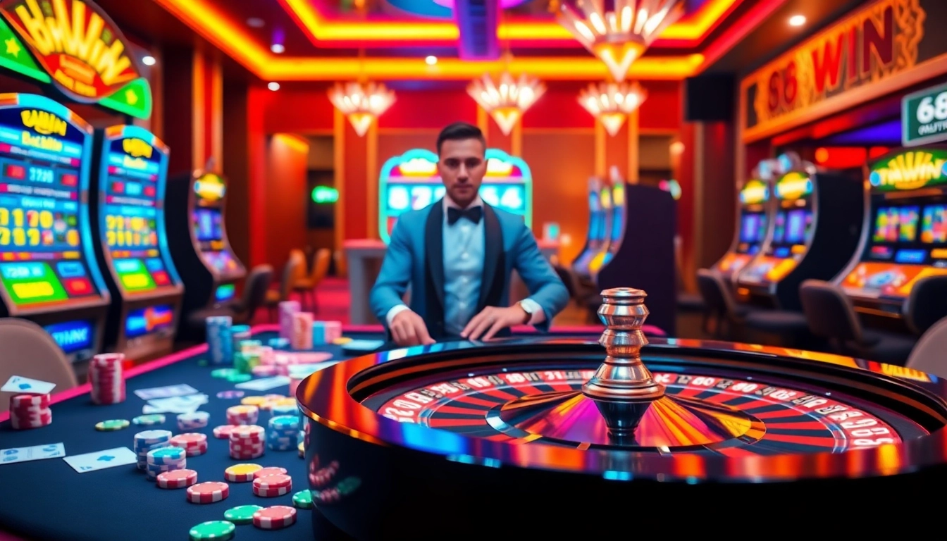 Engaging casino scene showcasing 68WIN with vibrant roulette table and lively atmosphere.