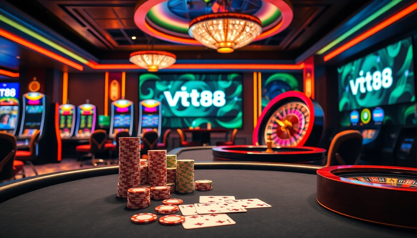 Engaging gambling scene at Vt88 nhà cái showcasing a vibrant poker table and slot machines.