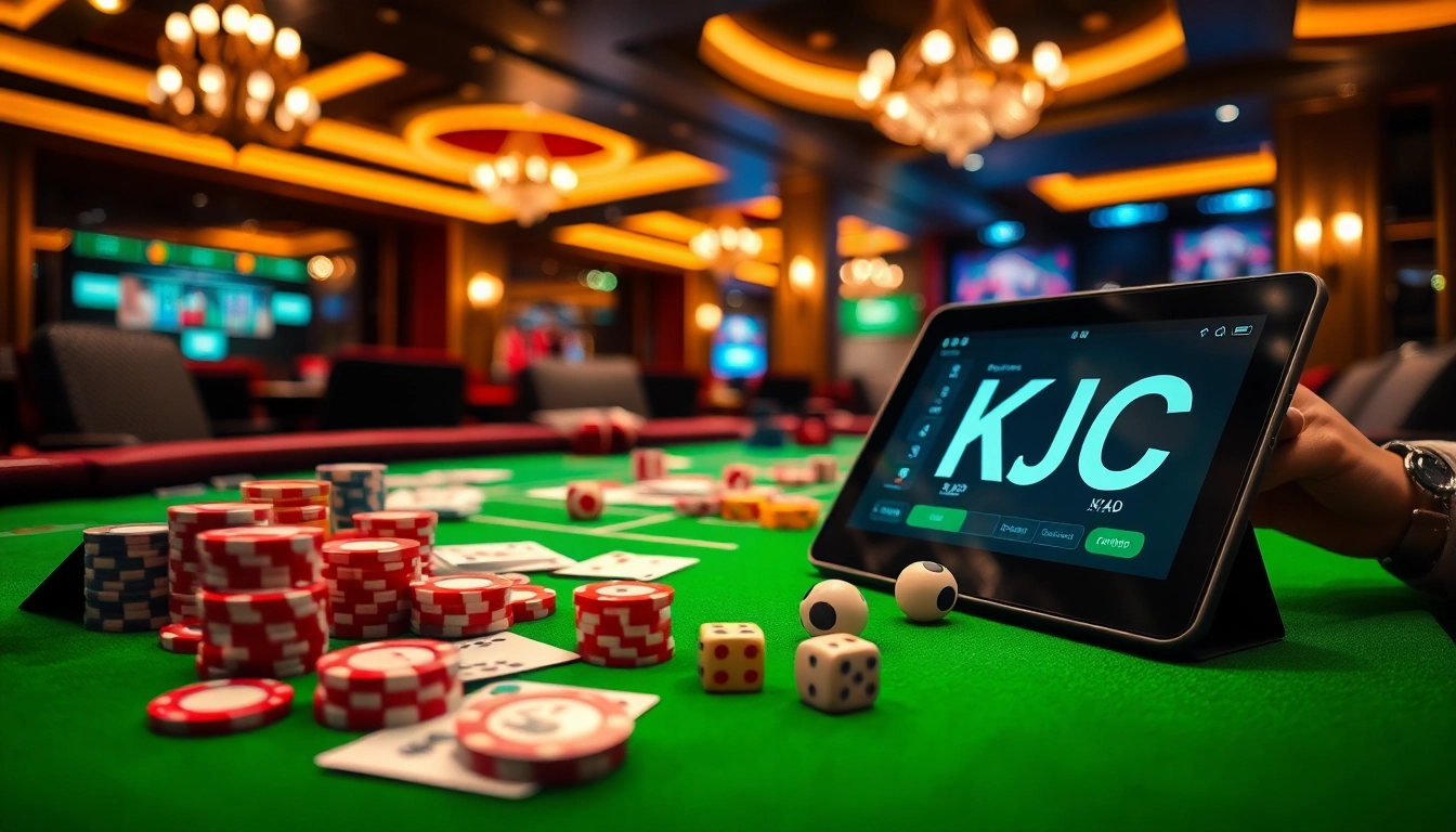KJC casino scene showcasing vibrant poker chips and cards in an elegant gaming environment.