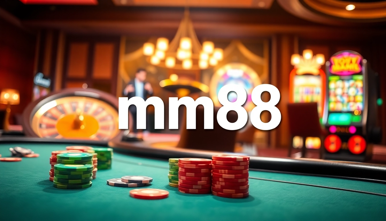 mm88 casino featuring an inviting poker table and vibrant slot machine with stunning lighting.
