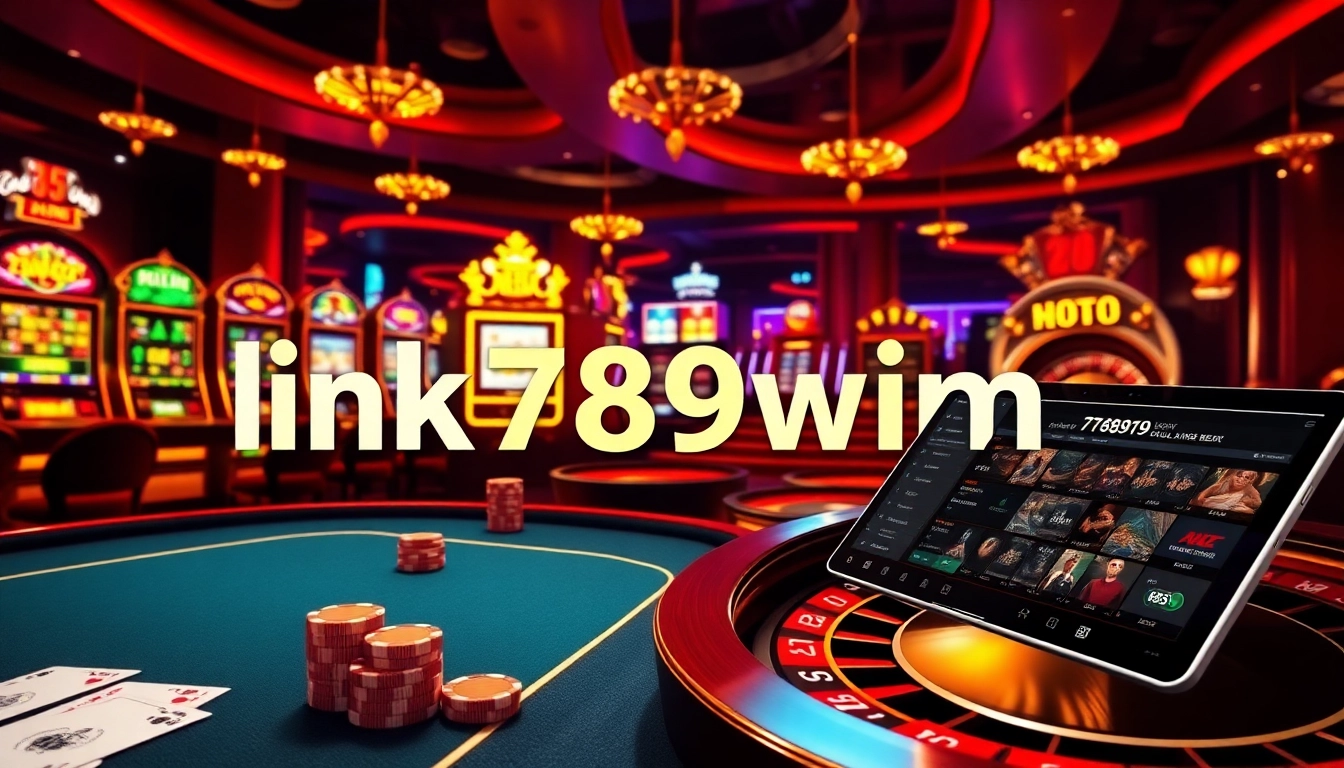 Experience 789win with an exciting casino scene featuring poker, slots, and roulette lights.